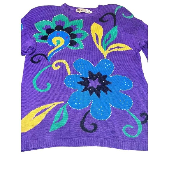 80's Vtg Crew Neck Sweater Colorful Floral Embroidery & Bead Embellished Women M - Picture 3 of 8